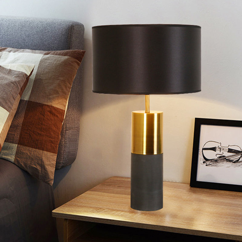 Cement Cylindrical Table Lamp Minimalistic Single Nightstand Lighting with Drum Fabric Shade