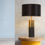 Cement Cylindrical Table Lamp Minimalistic Single Nightstand Lighting with Drum Fabric Shade