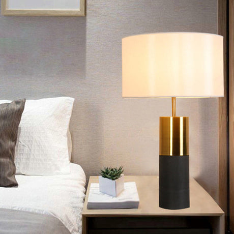 Cement Cylindrical Table Lamp Minimalistic Single Nightstand Lighting with Drum Fabric Shade