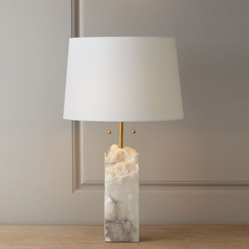 Fabric Tapered Drum Nightstand Lamp Minimalistic Single-Bulb White Pull Chain Table Lighting with Mica Base