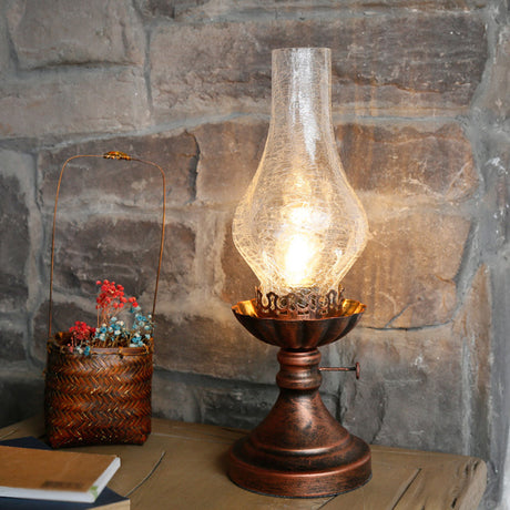 Crackle Glass Chimney Shade Kerosene Light Retro Bedside Table Lighting in Bronze