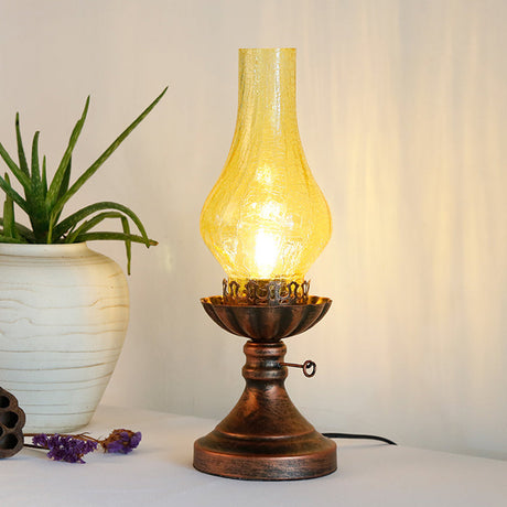 Crackle Glass Chimney Shade Kerosene Light Retro Bedside Table Lighting in Bronze