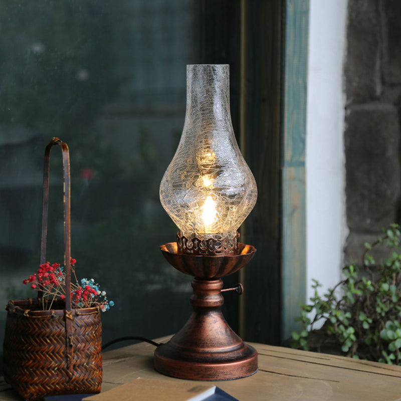 Crackle Glass Chimney Shade Kerosene Light Retro Bedside Table Lighting in Bronze