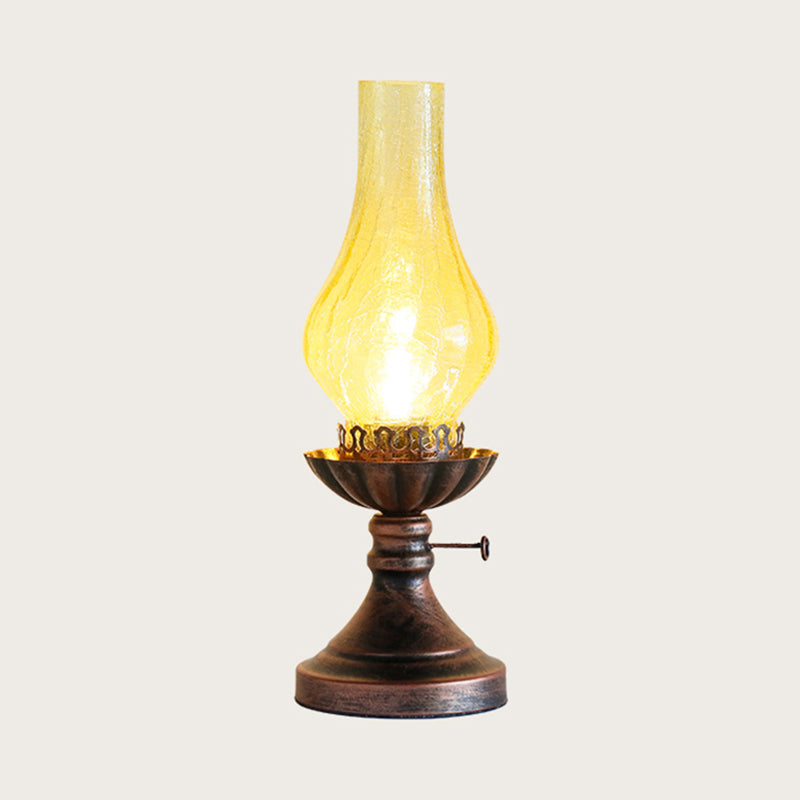 Crackle Glass Chimney Shade Kerosene Light Retro Bedside Table Lighting in Bronze