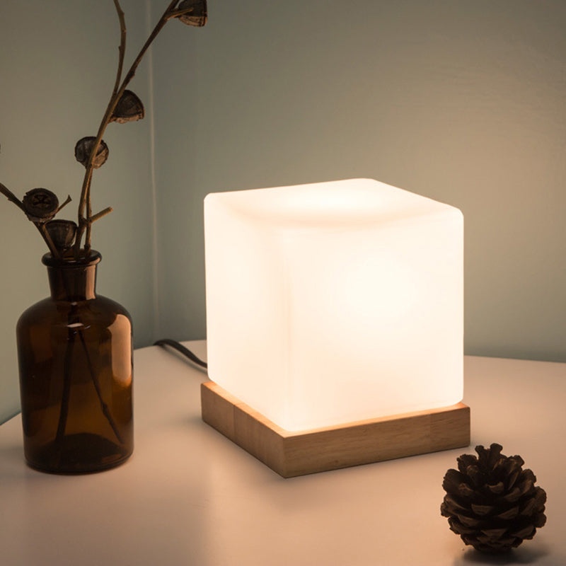 Cube Table Light Nordic Style White Glass Single Nightstand Lighting with Wooden Base