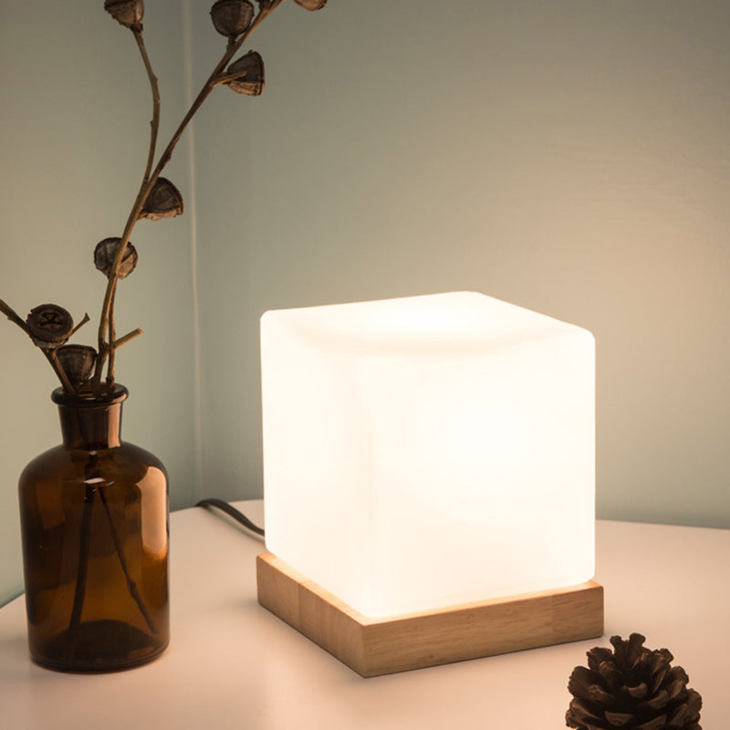 Cube Table Light Nordic Style White Glass Single Nightstand Lighting with Wooden Base