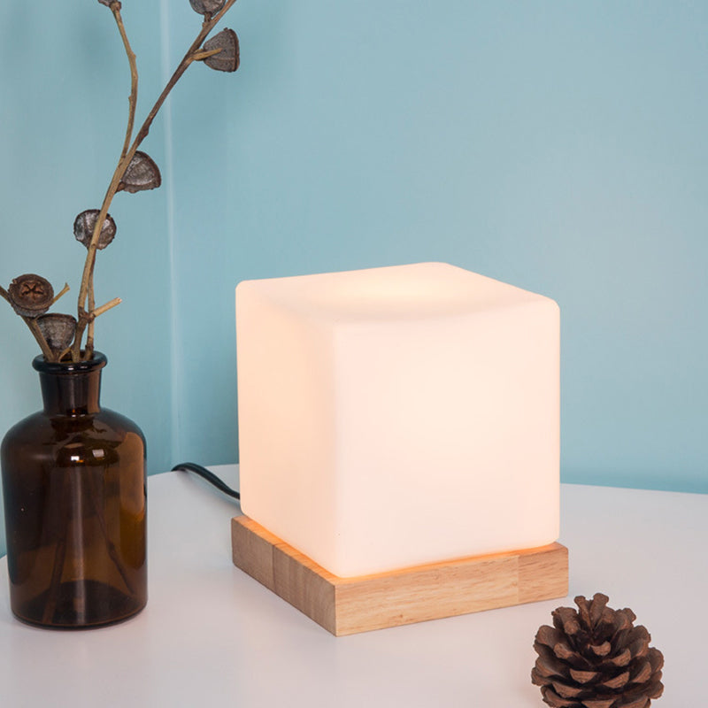 Cube Table Light Nordic Style White Glass Single Nightstand Lighting with Wooden Base