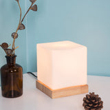 Cube Table Light Nordic Style White Glass Single Nightstand Lighting with Wooden Base