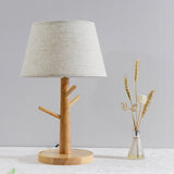 Wood Tree Branch Nightstand Lamp Minimalist 1 Head Bedside Table Lighting with Tapered Fabric Shade in White