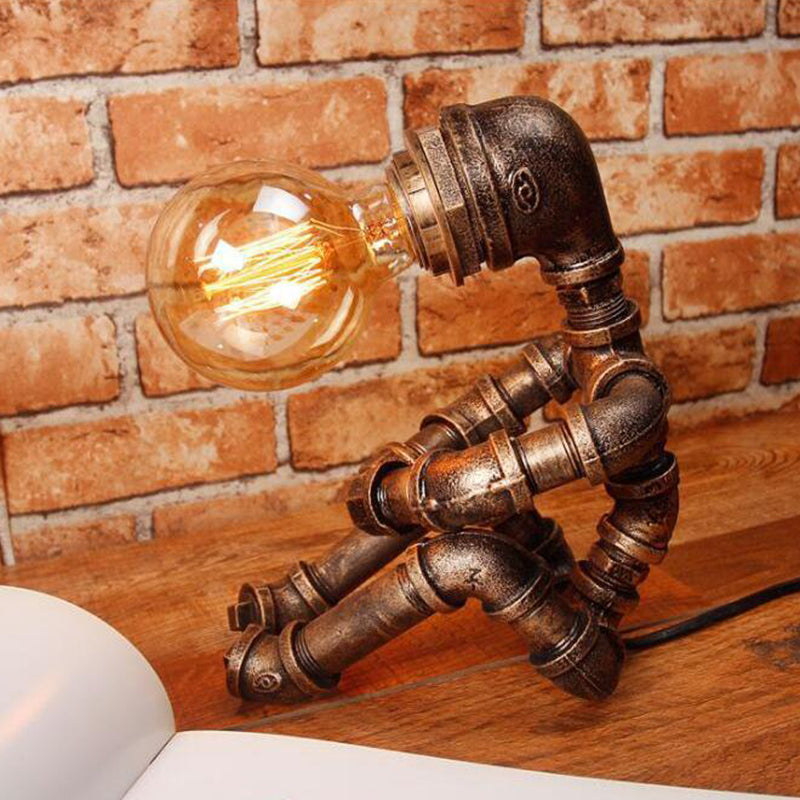Sitting Robot Iron Nightstand Lamp Retro Style Single Bedroom Table Light in Bronze