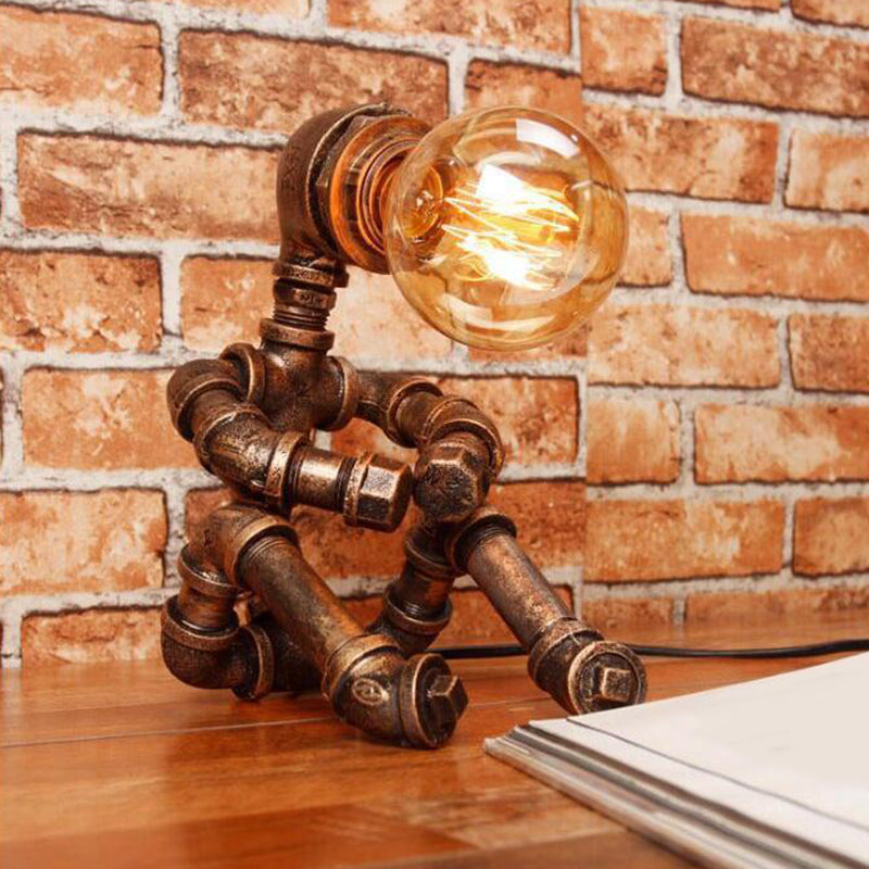 Sitting Robot Iron Nightstand Lamp Retro Style Single Bedroom Table Light in Bronze