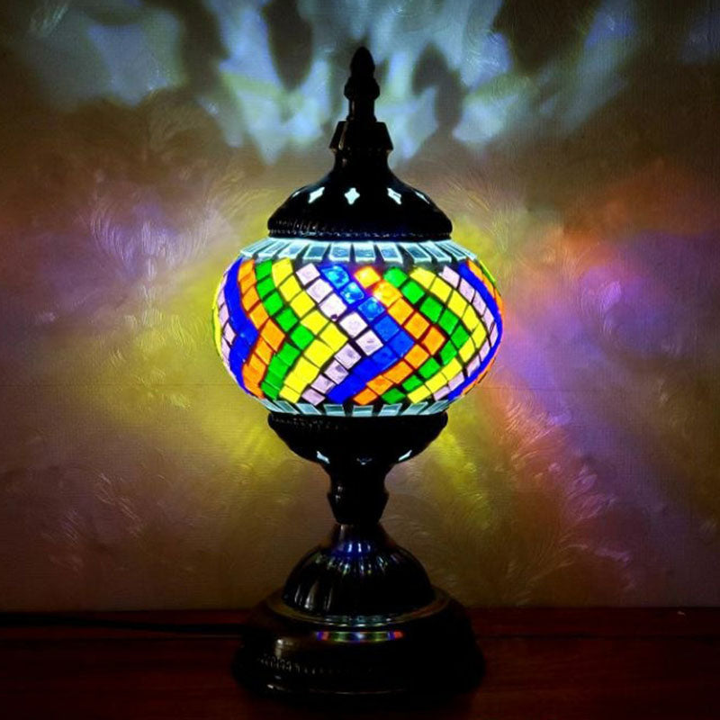 Turkish Oblate Nightstand Lamp Single-Bulb Stained Glass Table Light for Restaurant