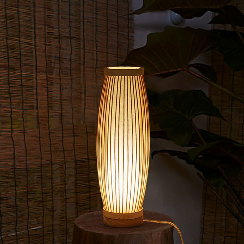 Bamboo Elongated Oval Nightstand Lamp Asian Style 1 Bulb Table Lighting in Wood for Tea Room