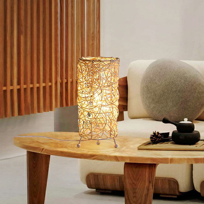 Modern Style Cylindrical Table Light Rattan Single-Bulb Living Room Nightstand Lighting