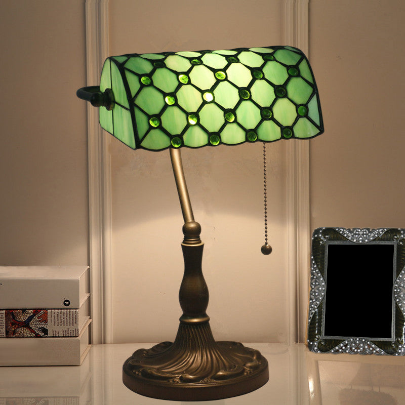 Half Cylinder Table Lighting 1-Light Gridded Glass Antique Nightstand Lamp with Pull Chain