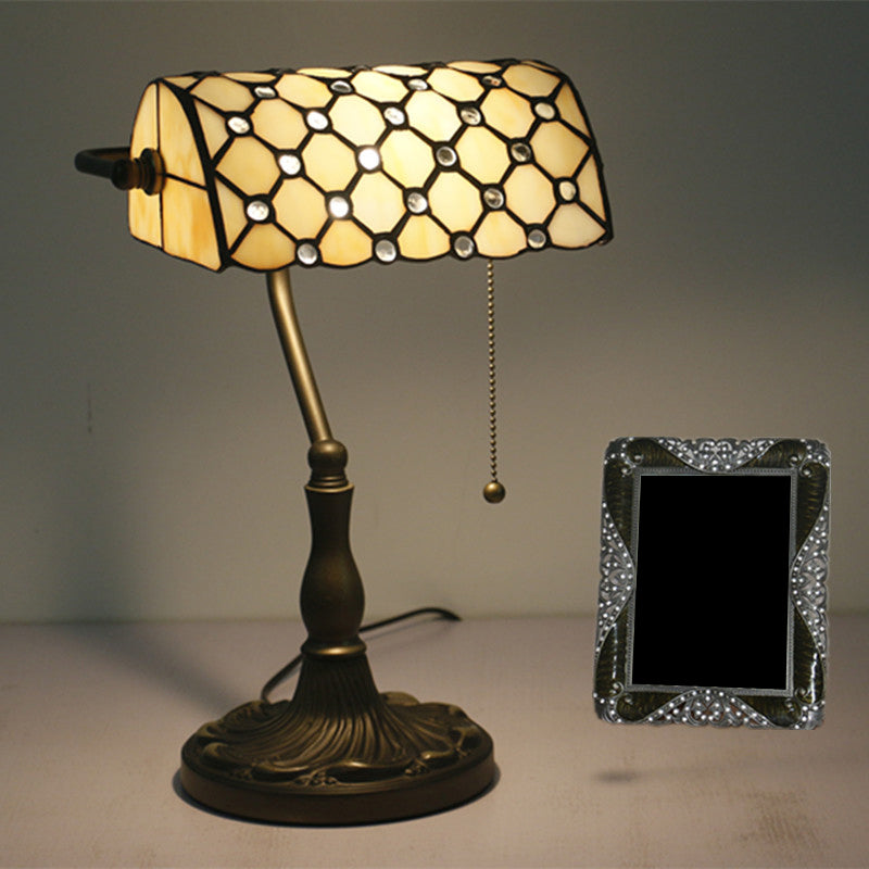 Half Cylinder Table Lighting 1-Light Gridded Glass Antique Nightstand Lamp with Pull Chain