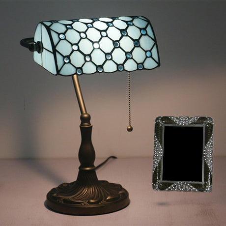 Half Cylinder Table Lighting 1-Light Gridded Glass Antique Nightstand Lamp with Pull Chain