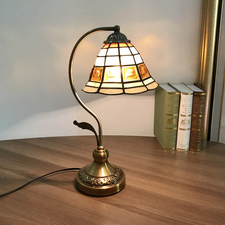 Single Nightstand Lamp Tiffany Style Bell Shade Gridded Glass Table Lighting for Bedroom