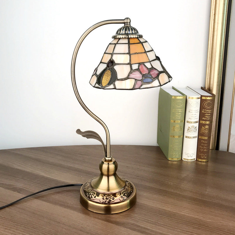 Single Nightstand Lamp Tiffany Style Bell Shade Gridded Glass Table Lighting for Bedroom