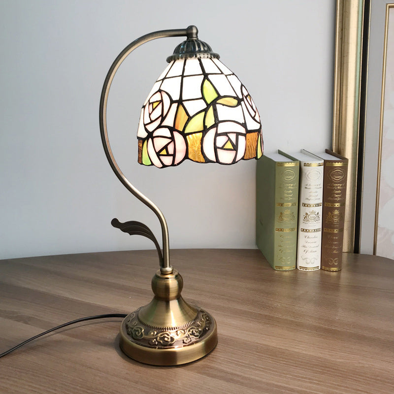 Single Nightstand Lamp Tiffany Style Bell Shade Gridded Glass Table Lighting for Bedroom
