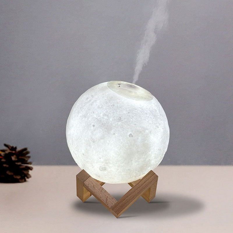 Nordic Creative Moon Humidifier Table Lamp Plastic 1-Head Bedroom Night Lighting in White with Wood Base