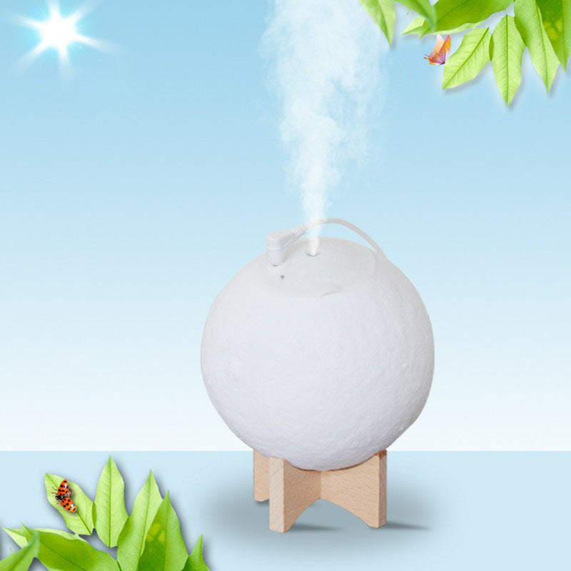 Nordic Creative Moon Humidifier Table Lamp Plastic 1-Head Bedroom Night Lighting in White with Wood Base