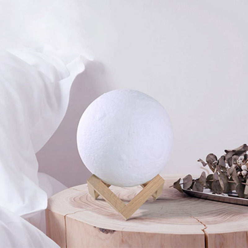 Nordic Creative Moon Humidifier Table Lamp Plastic 1-Head Bedroom Night Lighting in White with Wood Base