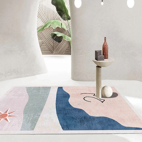Nordic Interior Area Rug Multicolor Colorblock Abstract Print Rug Polyester Stain Resistant Anti-Slip Backing Machine Washable Rug