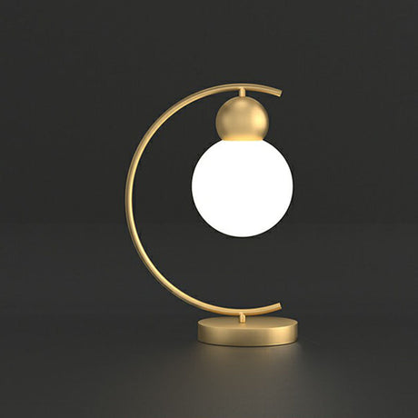 Gourd Shaped Night Table Light Postmodern Milk Glass 1-Light Gold Nightstand Lamp with C Arm