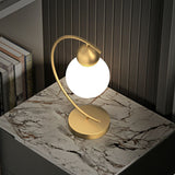 Gourd Shaped Night Table Light Postmodern Milk Glass 1-Light Gold Nightstand Lamp with C Arm