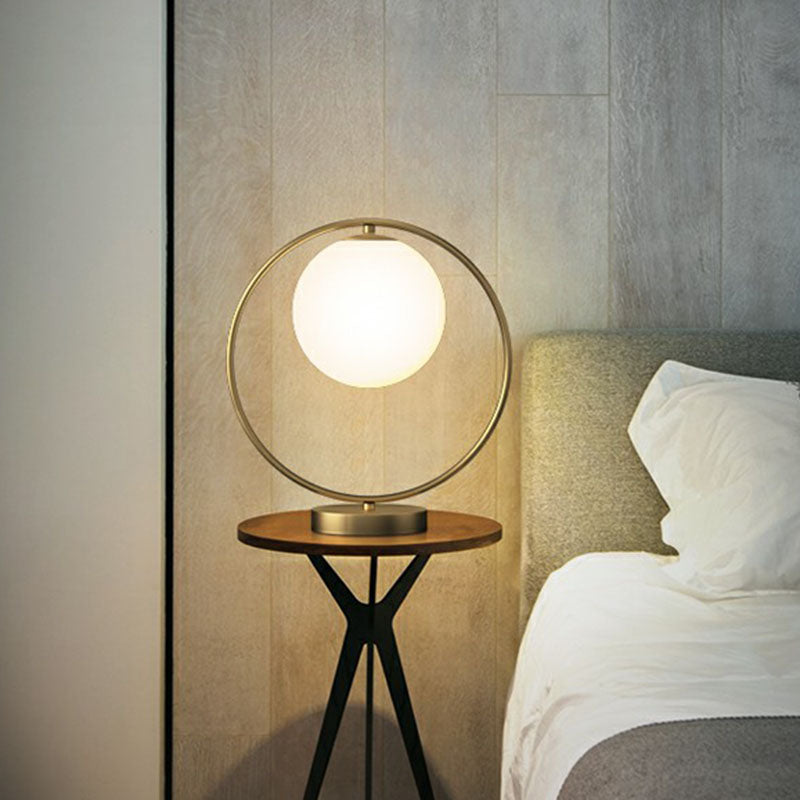 Ball Shaped Bedside Night Lamp White Glass Single Minimalistic Table Light with Ring Decor in Gold