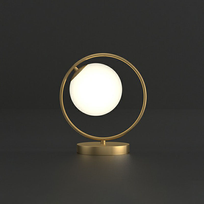 Ball Shaped Bedside Night Lamp White Glass Single Minimalistic Table Light with Ring Decor in Gold