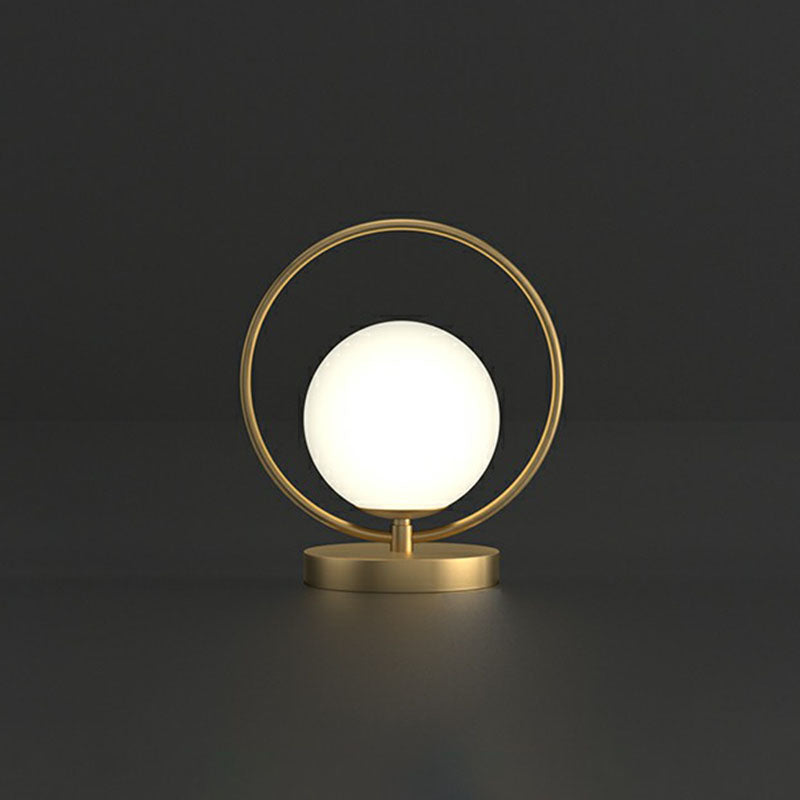 Ball Shaped Bedside Night Lamp White Glass Single Minimalistic Table Light with Ring Decor in Gold