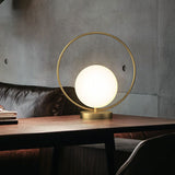 Ball Shaped Bedside Night Lamp White Glass Single Minimalistic Table Light with Ring Decor in Gold