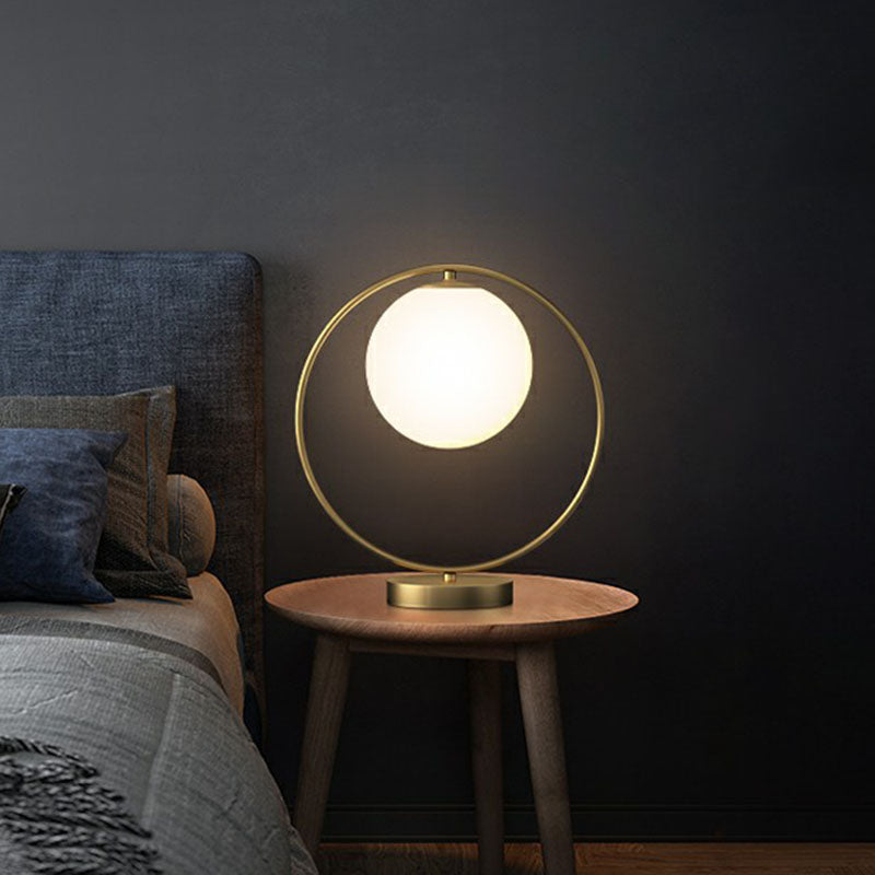 Ball Shaped Bedside Night Lamp White Glass Single Minimalistic Table Light with Ring Decor in Gold