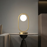 Minimalist Oval Frame Table Lighting Metal 1-Head Bedroom Night Light with Ball Milk Glass Shade in Gold