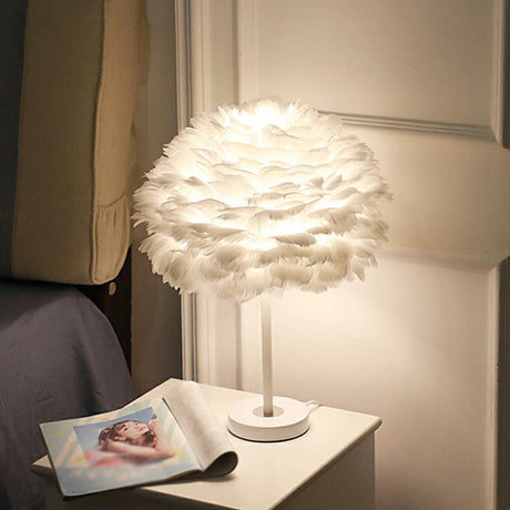 Hand-Weaving Feather Table Lamp Minimalistic Single-Bulb White Nightstand Light for Girls Room