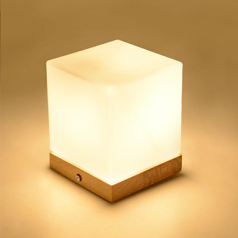 Cubic Mini Night Light Nordic White Glass 1 Head Bedroom Table Lamp with Wooden Base