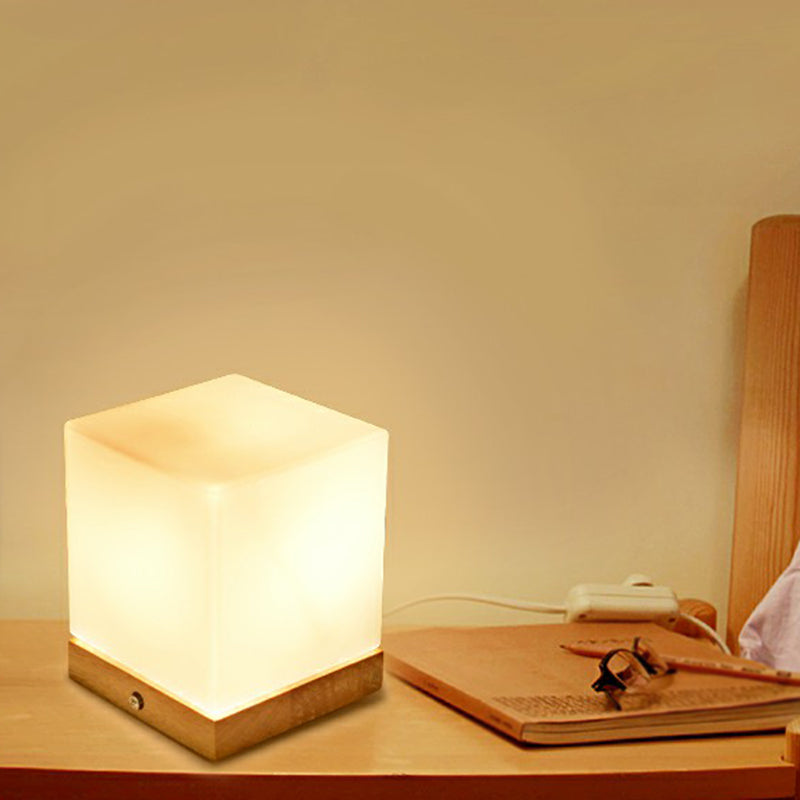 Cubic Mini Night Light Nordic White Glass 1 Head Bedroom Table Lamp with Wooden Base