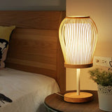 Wood Cage Night Lamp Nordic Single-Bulb Bamboo Table Light with Fabric Inner Shade