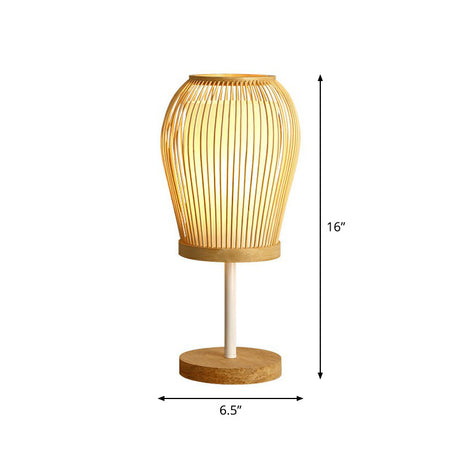 Wood Cage Night Lamp Nordic Single-Bulb Bamboo Table Light with Fabric Inner Shade