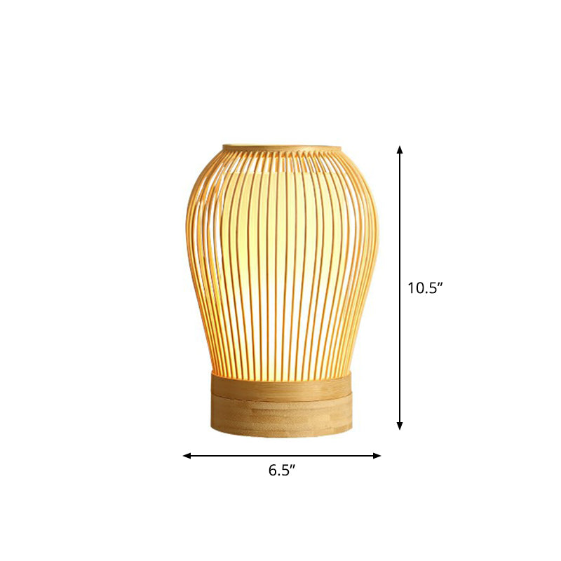 Wood Cage Night Lamp Nordic Single-Bulb Bamboo Table Light with Fabric Inner Shade