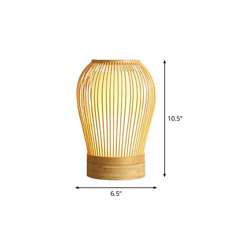 Wood Cage Night Lamp Nordic Single-Bulb Bamboo Table Light with Fabric Inner Shade