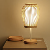 Wood Cage Night Lamp Nordic Single-Bulb Bamboo Table Light with Fabric Inner Shade