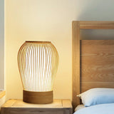 Wood Cage Night Lamp Nordic Single-Bulb Bamboo Table Light with Fabric Inner Shade