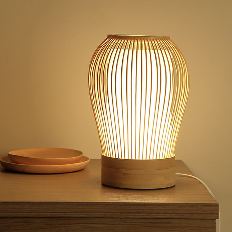 Wood Cage Night Lamp Nordic Single-Bulb Bamboo Table Light with Fabric Inner Shade