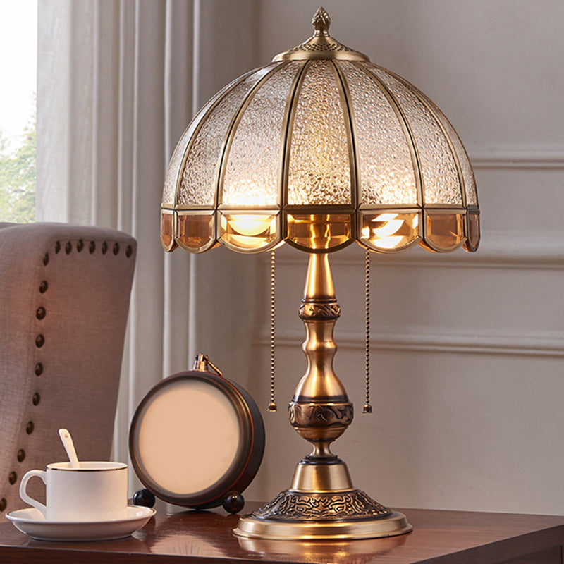 Traditional Dome Shade Night Lamp 1-Bulb Water Glass Table Light with Pull Chain in Brass