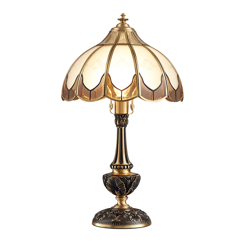 Bronze 1-Head Nightstand Light Traditional Frosted Glass Scalloped Table Lamp for Bedroom