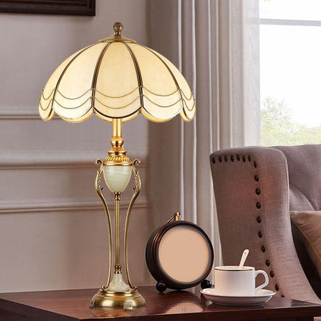 Metal Bronze Night Light Font Shaped 1 Bulb Traditional Table Lamp with Scalloped Lampshade