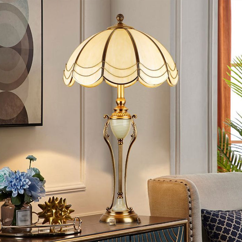Metal Bronze Night Light Font Shaped 1 Bulb Traditional Table Lamp with Scalloped Lampshade
